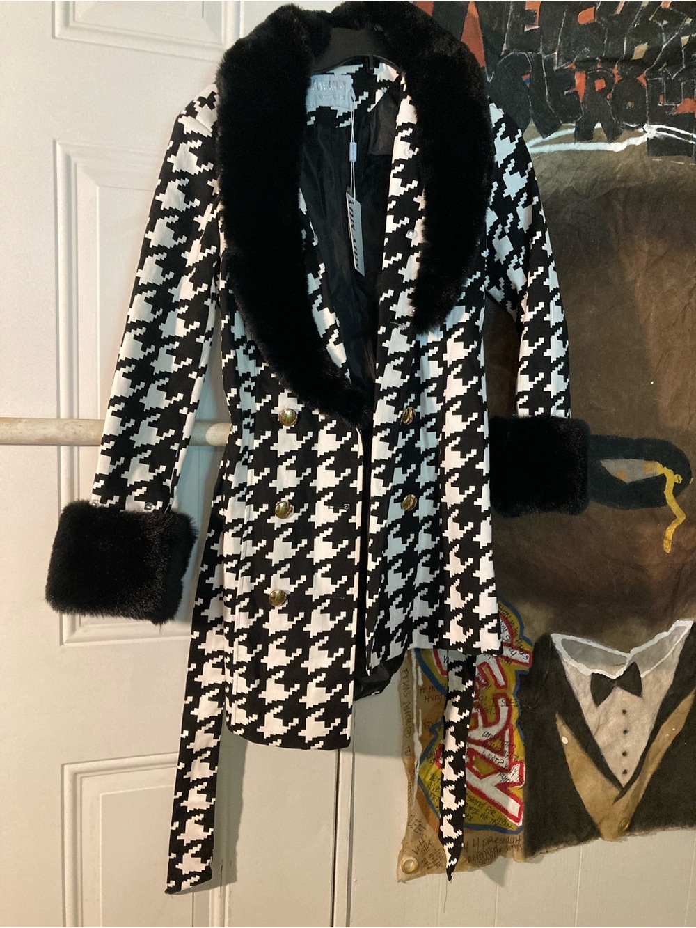 Black & White Houndstooth Faux Fur-Trim Pea Coat